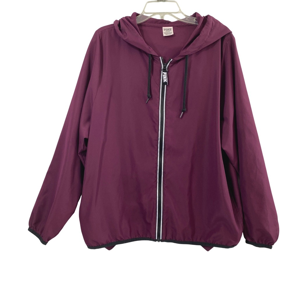 PINK‎ Victoria Secret Lightweight Jacket Women L Burgundy Active Full Zip Hooded